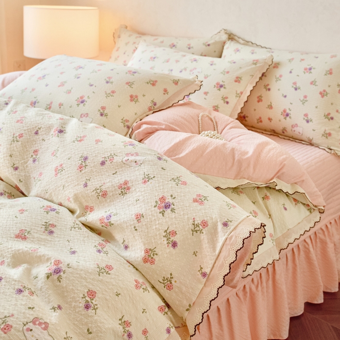 91家纺网 家纺一手货源 找家纺 尚美 2026新款M泡芙棉床单全棉绣花小花韩版四件套 M花絮猫咪