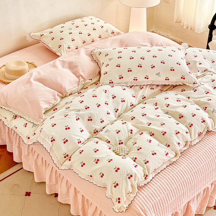 91家纺网 家纺一手货源 找家纺 尚美 2026新款M泡芙棉床单全棉绣花小花韩版四件套 M樱桃红