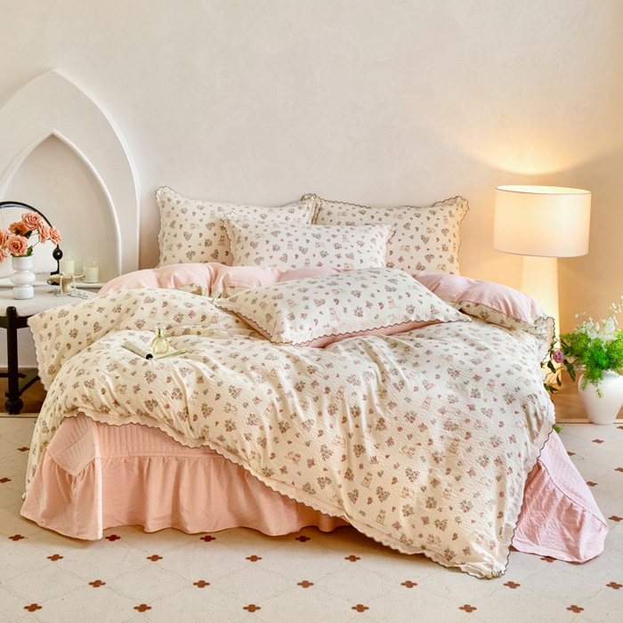 91家纺网 家纺一手货源 找家纺 尚美 2026新款M泡芙棉床单全棉绣花小花韩版四件套 M幸福兔园