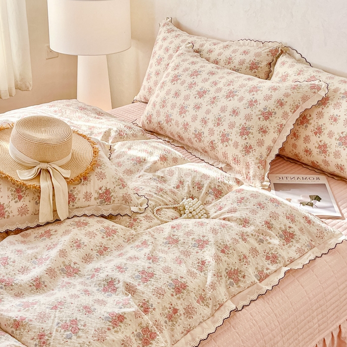 91家纺网 家纺一手货源 找家纺 尚美 2026新款M泡芙棉床单全棉绣花小花韩版四件套 M槐花落