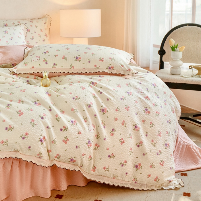 91家纺网 家纺一手货源 找家纺 尚美 2026新款M泡芙棉床单全棉绣花小花韩版四件套 M花絮猫咪