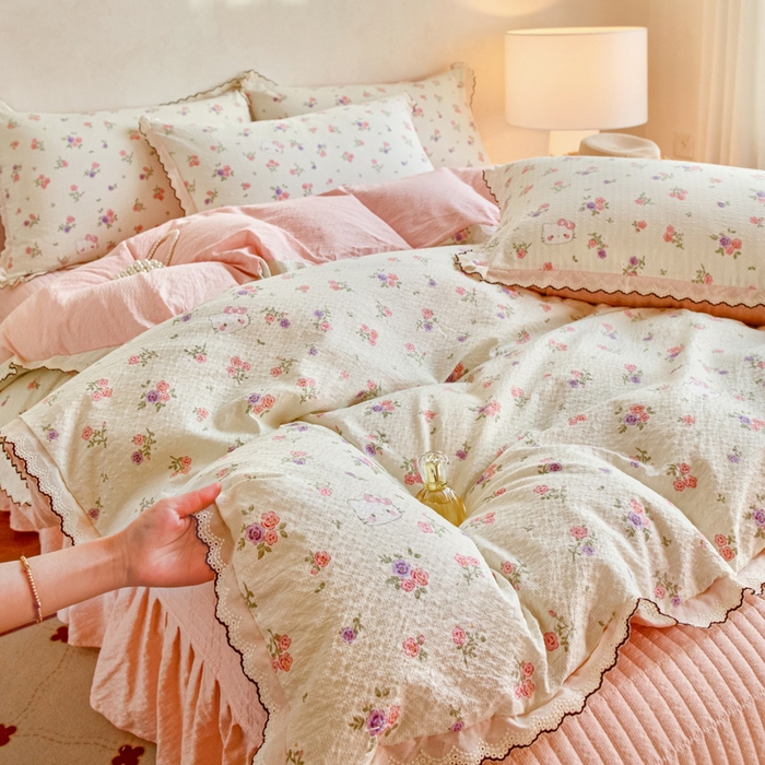 91家纺网 家纺一手货源 找家纺 尚美 2026新款M泡芙棉床单全棉绣花小花韩版四件套 M花絮猫咪