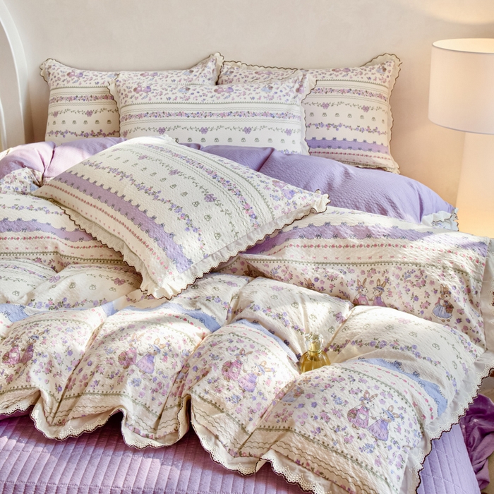 91家纺网 家纺一手货源 找家纺 尚美 2026新款M泡芙棉床单全棉绣花小花韩版四件套 M紫色天空