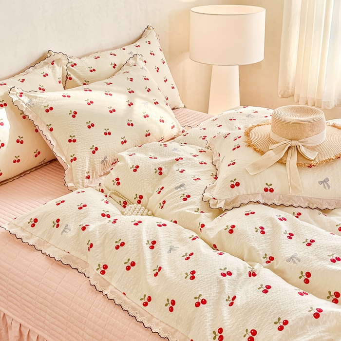 91家纺网 家纺一手货源 找家纺 尚美 2026新款M泡芙棉床单全棉绣花小花韩版四件套 M樱桃红