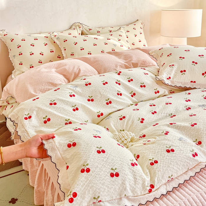 91家纺网 家纺一手货源 找家纺 尚美 2026新款M泡芙棉床单全棉绣花小花韩版四件套 M樱桃红
