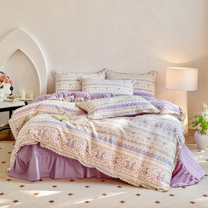 91家纺网 家纺一手货源 找家纺 尚美 2026新款M泡芙棉床单全棉绣花小花韩版四件套 M紫色天空