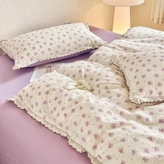 91家纺网 家纺一手货源 找家纺 尚美 2026新款M泡芙棉床单全棉绣花小花韩版四件套 M紫玫瑰