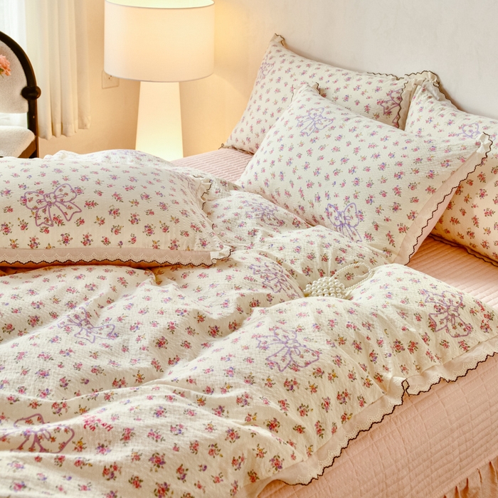 91家纺网 家纺一手货源 找家纺 尚美 2026新款M泡芙棉床单全棉绣花小花韩版四件套 M蝴蝶结