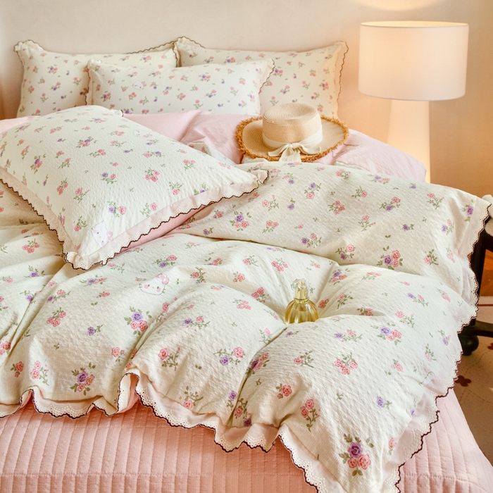 91家纺网 家纺一手货源 找家纺 尚美 2026新款M泡芙棉床单全棉绣花小花韩版四件套 M花絮猫咪