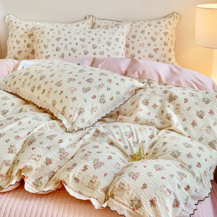 91家纺网 家纺一手货源 找家纺 尚美 2026新款M泡芙棉床单全棉绣花小花韩版四件套 M幸福兔园