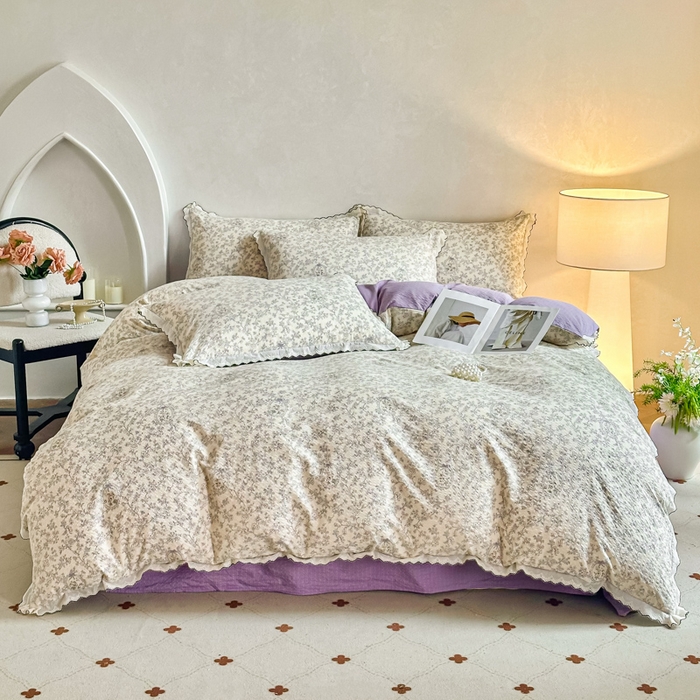 91家纺网 家纺一手货源 找家纺 尚美 2026新款M泡芙棉床单全棉绣花小花韩版四件套 M紫薇花季