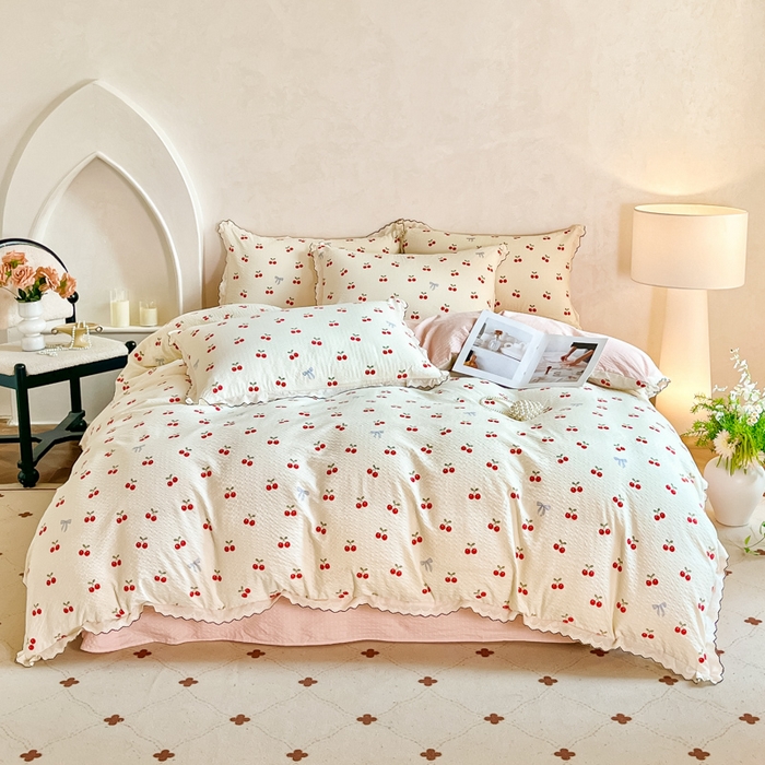 91家纺网 家纺一手货源 找家纺 尚美 2026新款M泡芙棉床单全棉绣花小花韩版四件套 M樱桃红