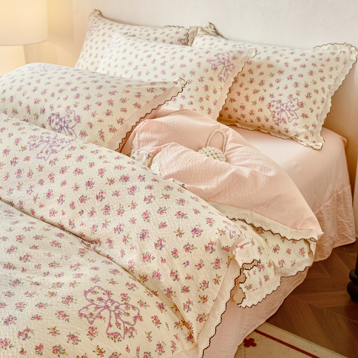 91家纺网 家纺一手货源 找家纺 尚美 2026新款M泡芙棉床单全棉绣花小花韩版四件套 M蝴蝶结