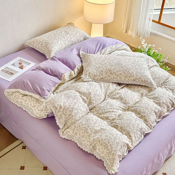 尚美 2026新款M泡芙棉床单全棉绣花小花韩版四件套 M紫薇花季