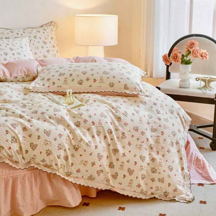 91家纺网 家纺一手货源 找家纺 尚美 2026新款M泡芙棉床单全棉绣花小花韩版四件套 M幸福兔园