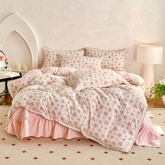 91家纺网 家纺一手货源 找家纺 尚美 2026新款M泡芙棉床单全棉绣花小花韩版四件套 M槐花落