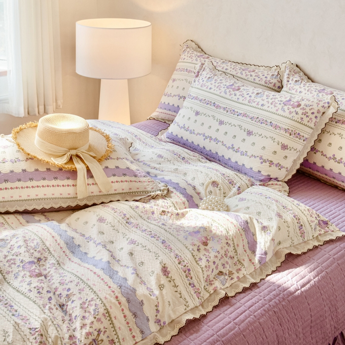 91家纺网 家纺一手货源 找家纺 尚美 2026新款M泡芙棉床单全棉绣花小花韩版四件套 M紫色天空