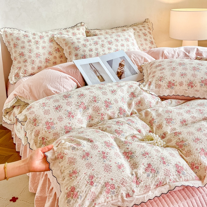 91家纺网 家纺一手货源 找家纺 尚美 2026新款M泡芙棉床单全棉绣花小花韩版四件套 M槐花落