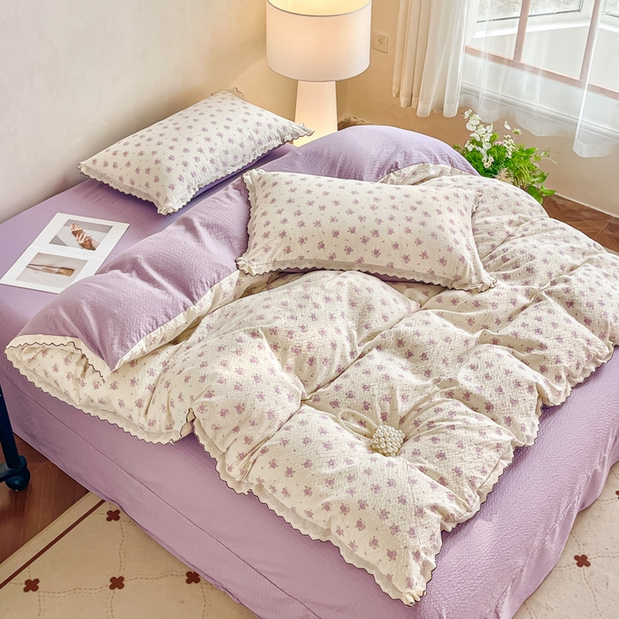 尚美 2026新款M泡芙棉床单全棉绣花小花韩版四件套 M紫玫瑰