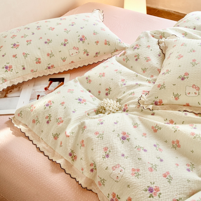 91家纺网 家纺一手货源 找家纺 尚美 2026新款M泡芙棉床单全棉绣花小花韩版四件套 M花絮猫咪
