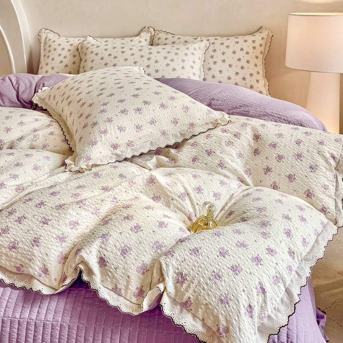 91家纺网 家纺一手货源 找家纺 尚美 2026新款M泡芙棉床单全棉绣花小花韩版四件套 M紫玫瑰