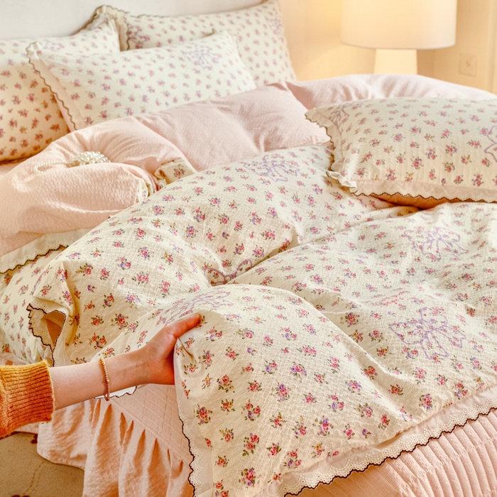 91家纺网 家纺一手货源 找家纺 尚美 2026新款M泡芙棉床单全棉绣花小花韩版四件套 M蝴蝶结