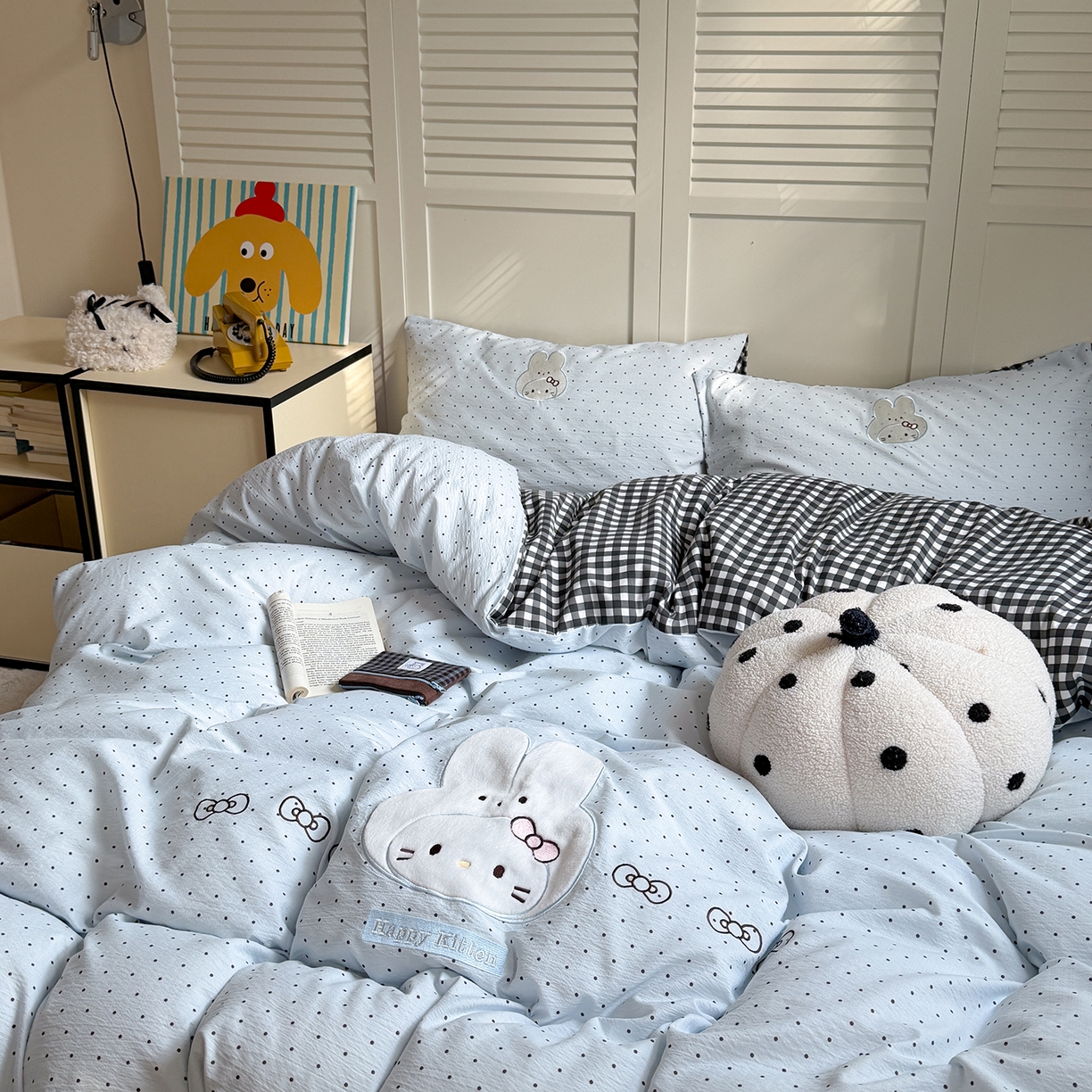 91家纺网 家纺一手货源 找家纺 美乐迪家纺 2026新款云感双层纱贴布绣四件套 兔头小猫