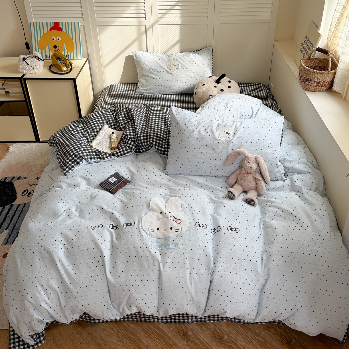 美乐迪家纺 2026新款云感双层纱贴布绣四件套 兔头小猫