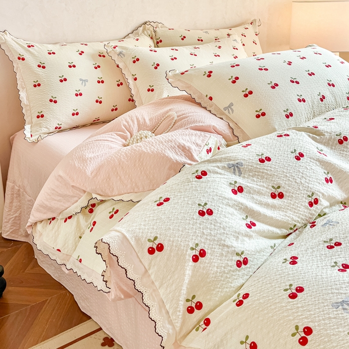 91家纺网 家纺一手货源 找家纺 尚美 2026新款M泡芙棉床单全棉绣花小花韩版四件套 M樱桃红