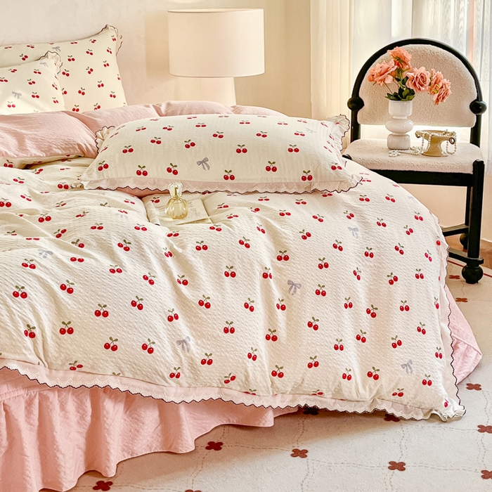 91家纺网 家纺一手货源 找家纺 尚美 2026新款M泡芙棉床单全棉绣花小花韩版四件套 M樱桃红