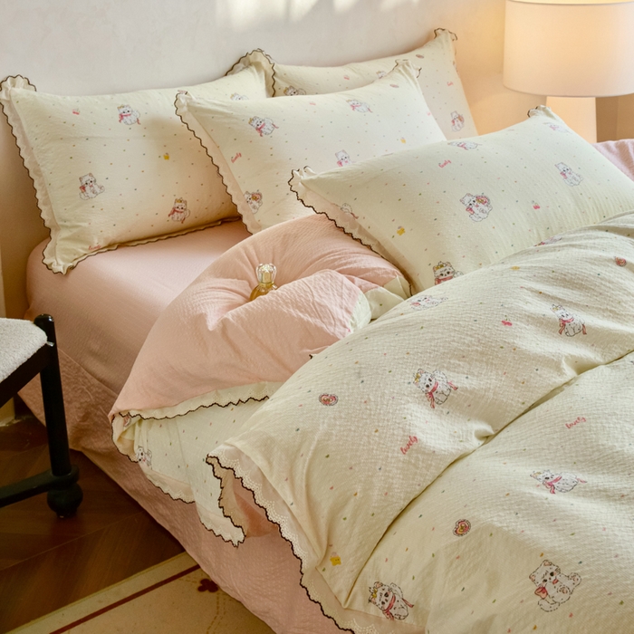 91家纺网 家纺一手货源 找家纺 尚美 2026新款M泡芙棉床单全棉绣花小花韩版四件套 M猫世界