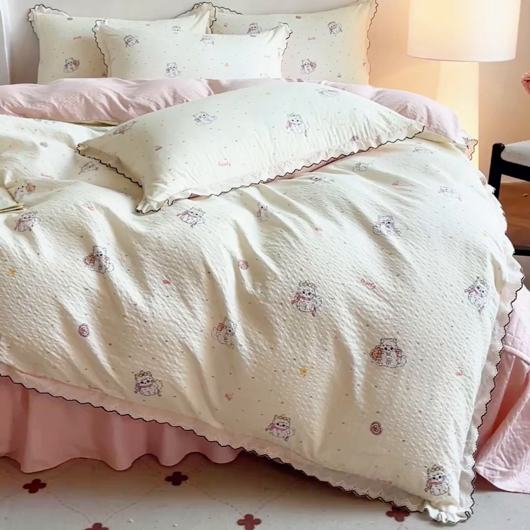 91家纺网 家纺一手货源 找家纺 尚美 2026新款M泡芙棉床单全棉绣花小花韩版四件套 M猫世界