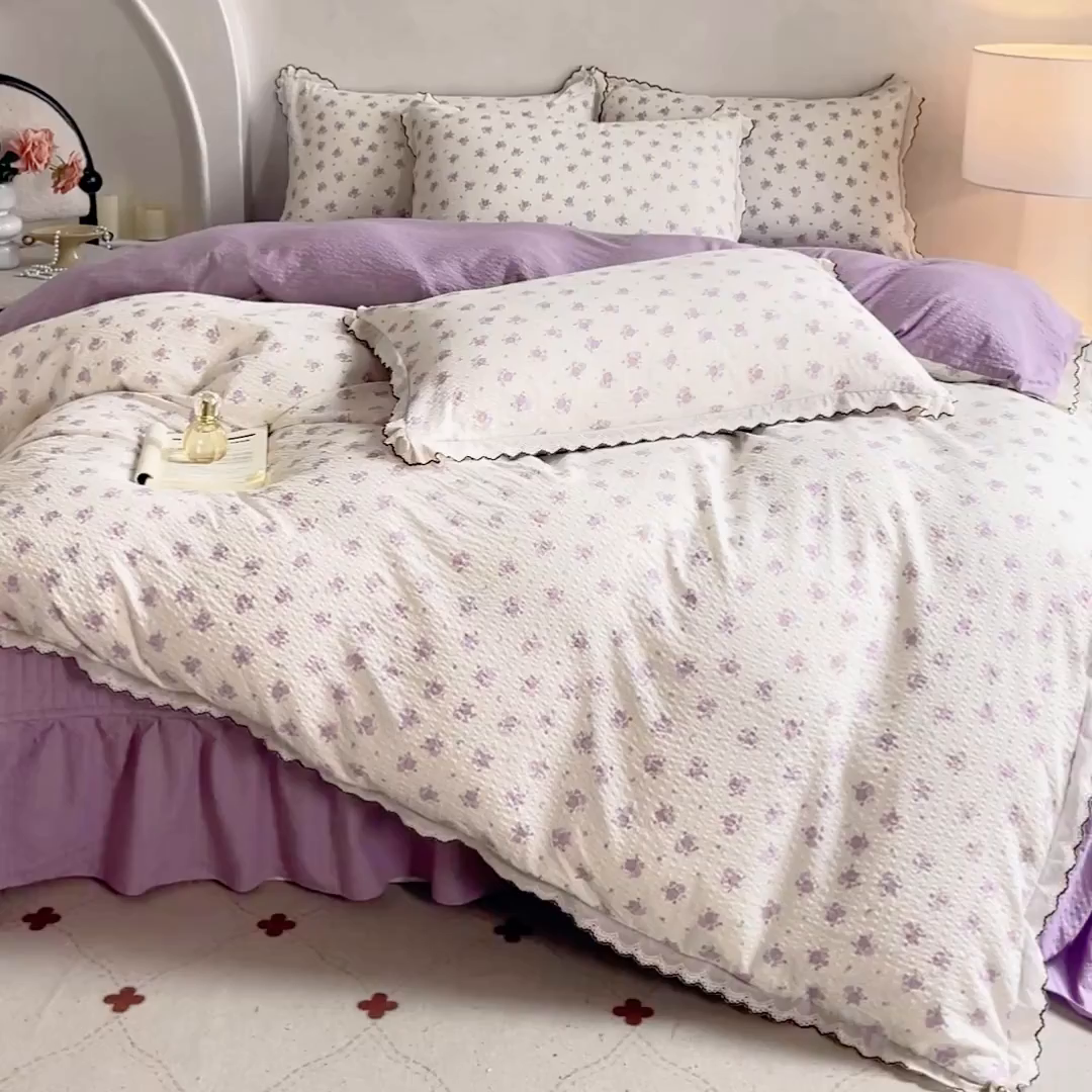 91家纺网 家纺一手货源 找家纺 尚美 2026新款M泡芙棉床单全棉绣花小花韩版四件套 M紫玫瑰