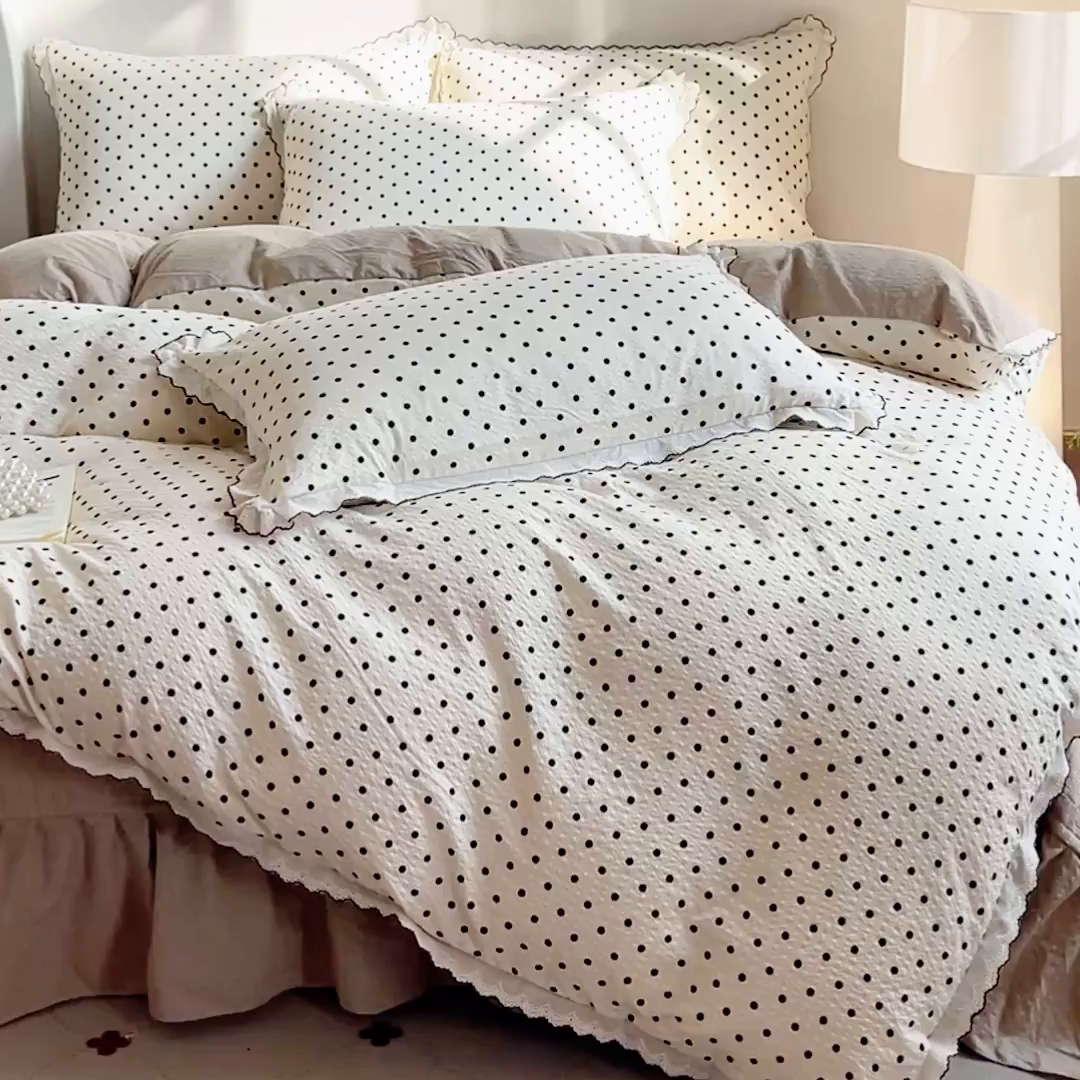 91家纺网 家纺一手货源 找家纺 尚美 2026新款M泡芙棉床单全棉绣花小花韩版四件套 M米波点