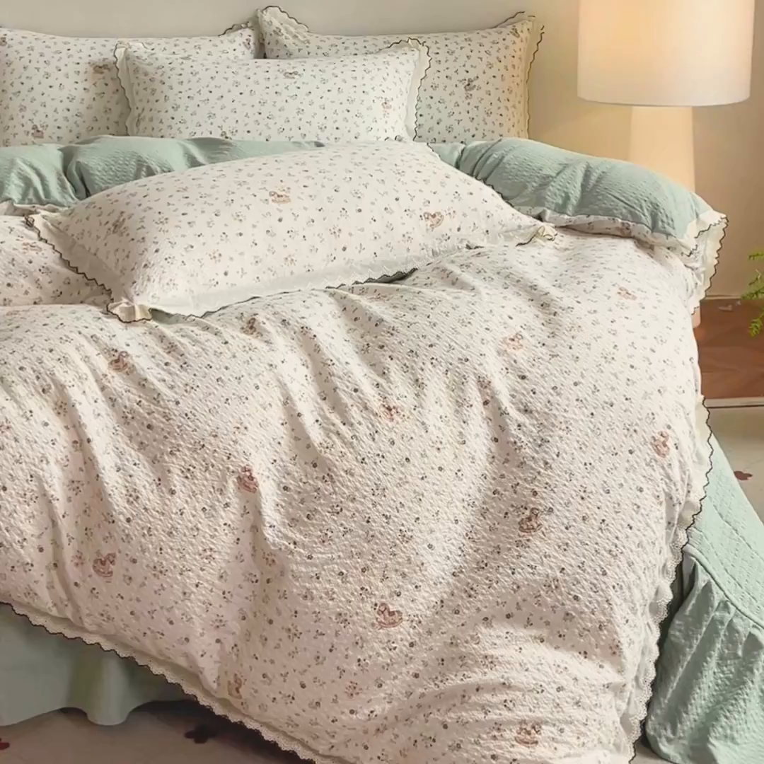 91家纺网 家纺一手货源 找家纺 尚美 2026新款M泡芙棉床单全棉绣花小花韩版四件套 M木马