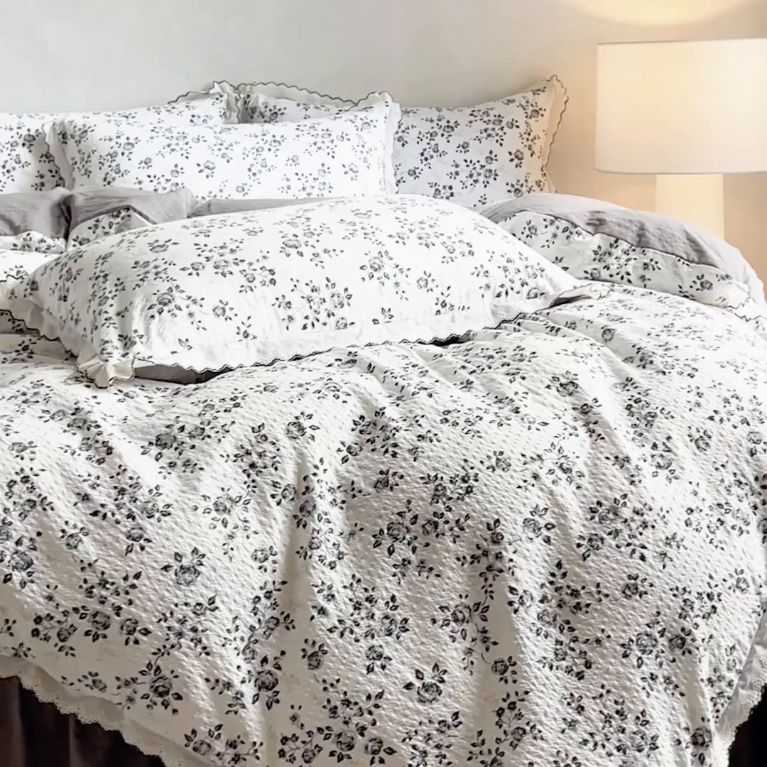 91家纺网 家纺一手货源 找家纺 尚美 2026新款M泡芙棉床单全棉绣花小花韩版四件套 M彩绘玫瑰