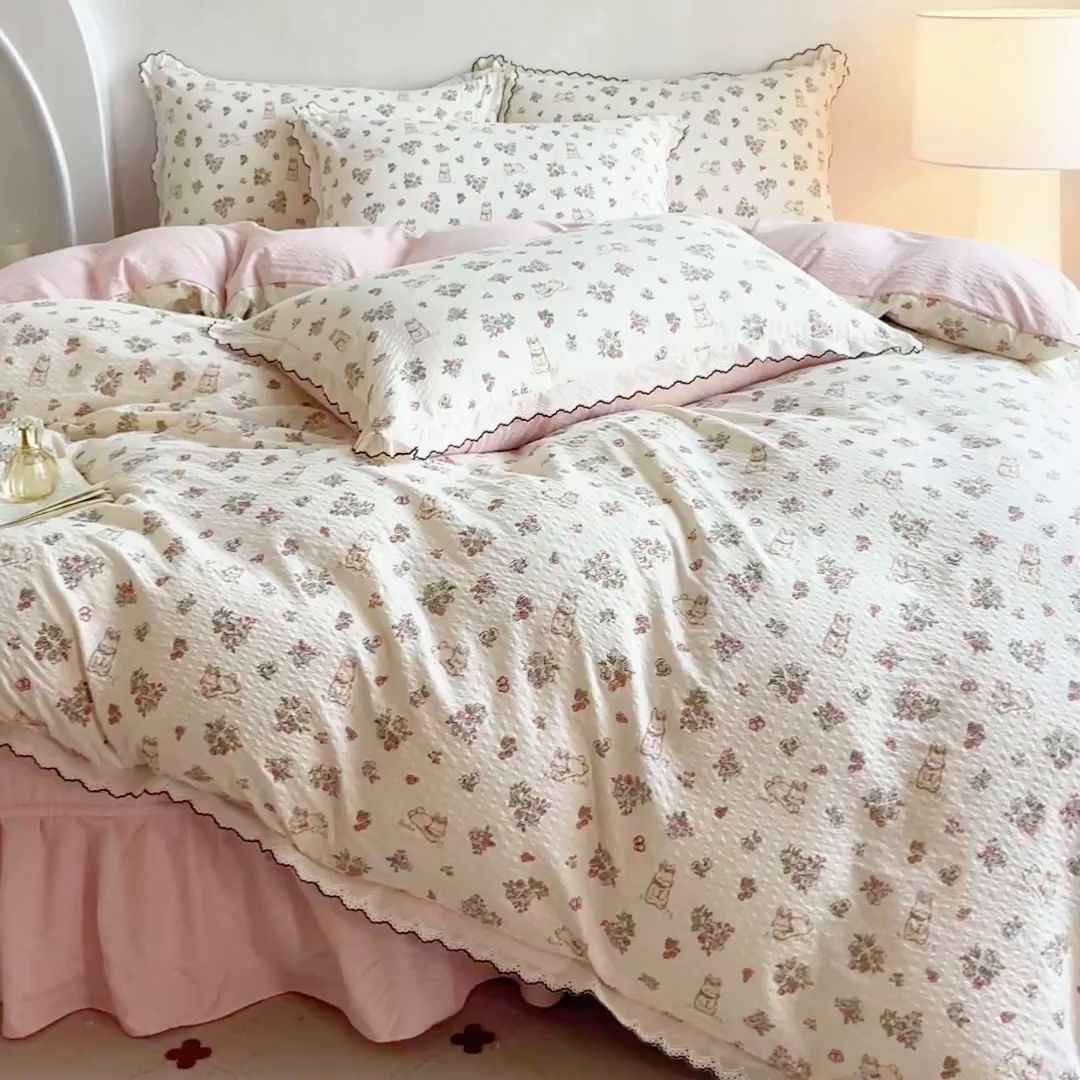 91家纺网 家纺一手货源 找家纺 尚美 2026新款M泡芙棉床单全棉绣花小花韩版四件套 M幸福兔园