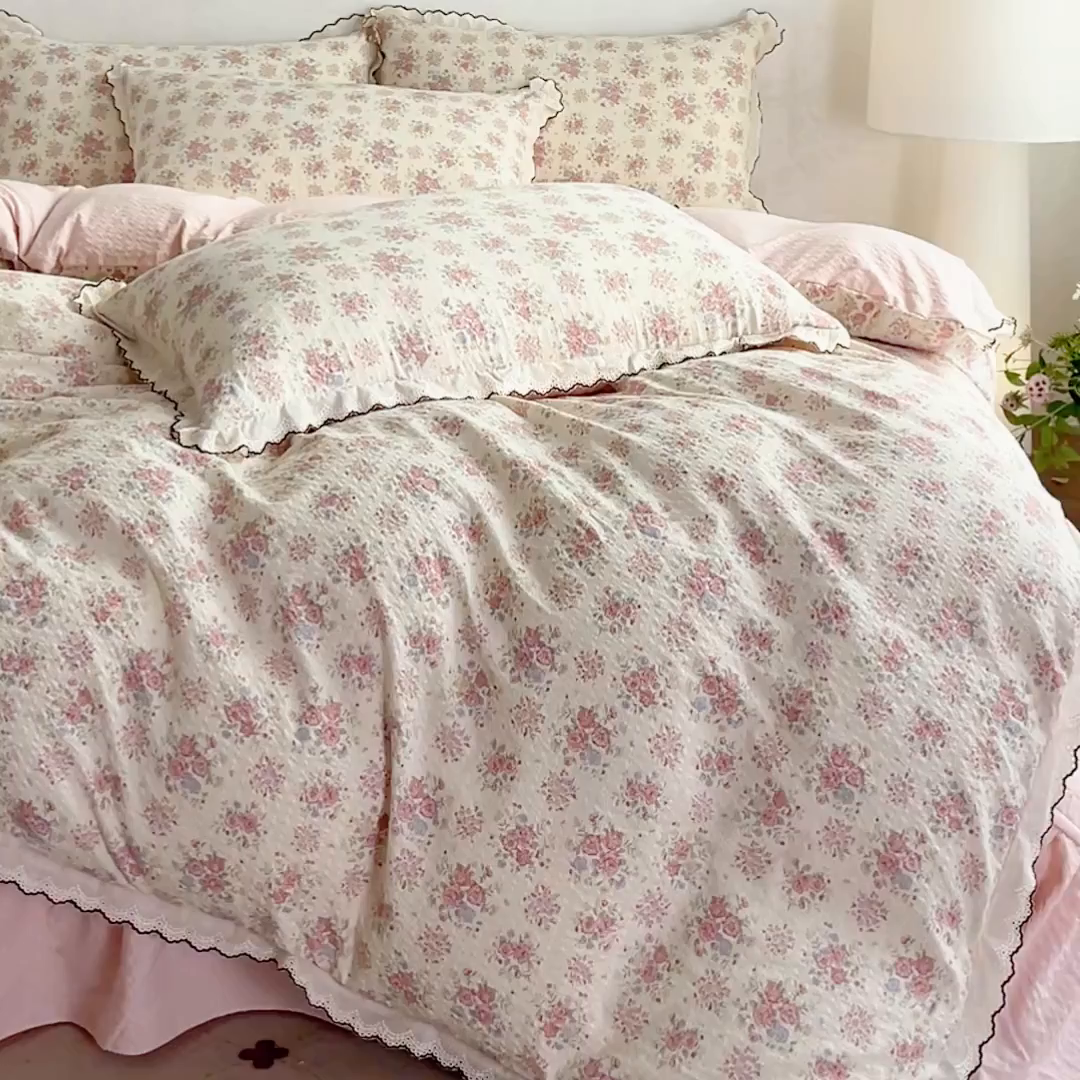 91家纺网 家纺一手货源 找家纺 尚美 2026新款M泡芙棉床单全棉绣花小花韩版四件套 M槐花落