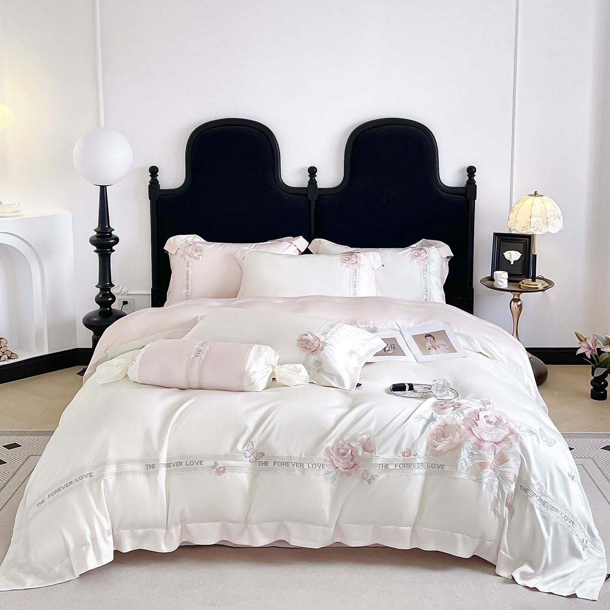 91家纺网 家纺一手货源 找家纺  2026春夏新款轻奢纯色A类长绒棉纯棉全棉重工刺绣被套床单四件套床上用品云栀 云栀-白粉