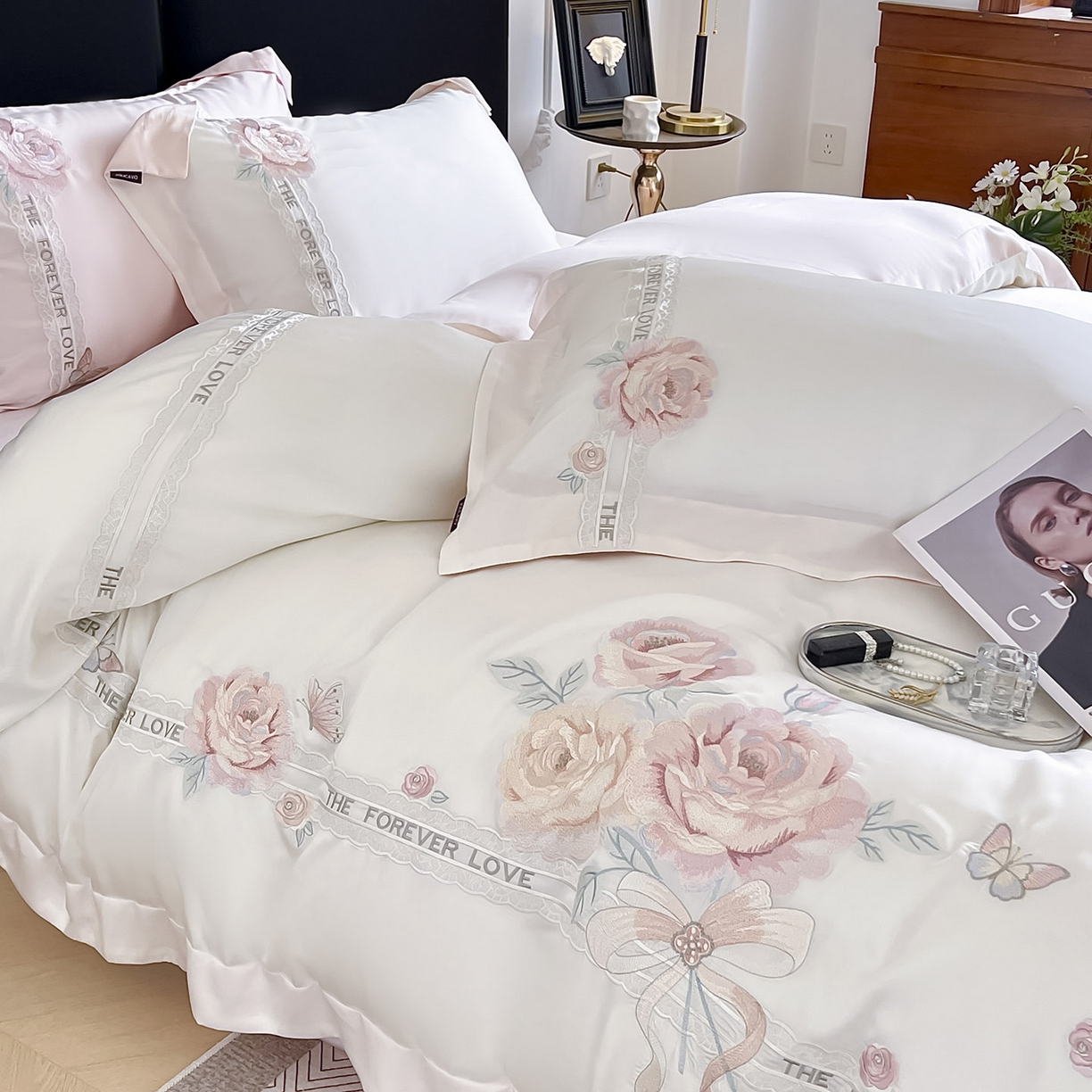 91家纺网 家纺一手货源 找家纺  2026春夏新款轻奢纯色A类长绒棉纯棉全棉重工刺绣被套床单四件套床上用品云栀 云栀-白粉