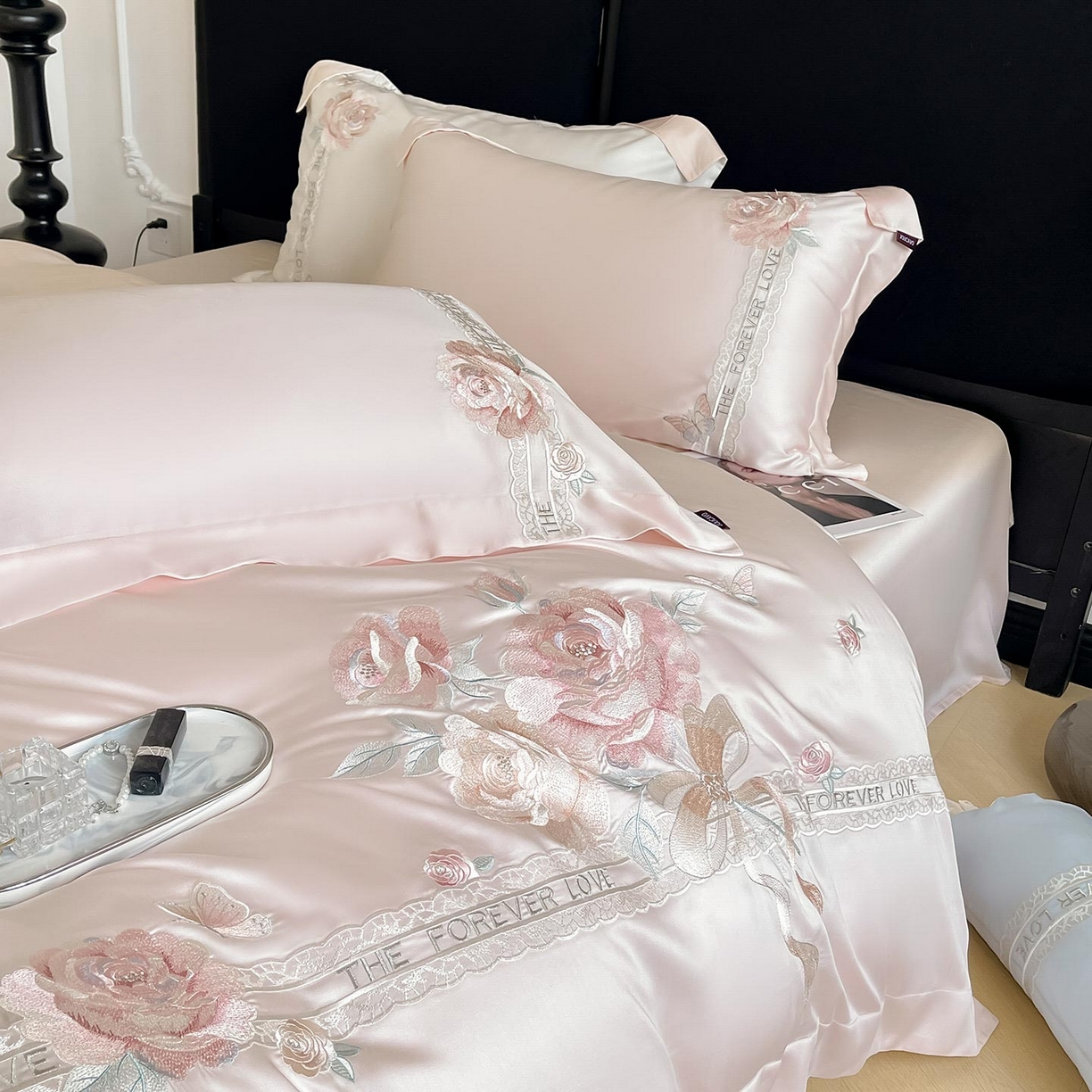 91家纺网 家纺一手货源 找家纺  2026春夏新款轻奢纯色A类长绒棉纯棉全棉重工刺绣被套床单四件套床上用品云栀 云栀-颜粉