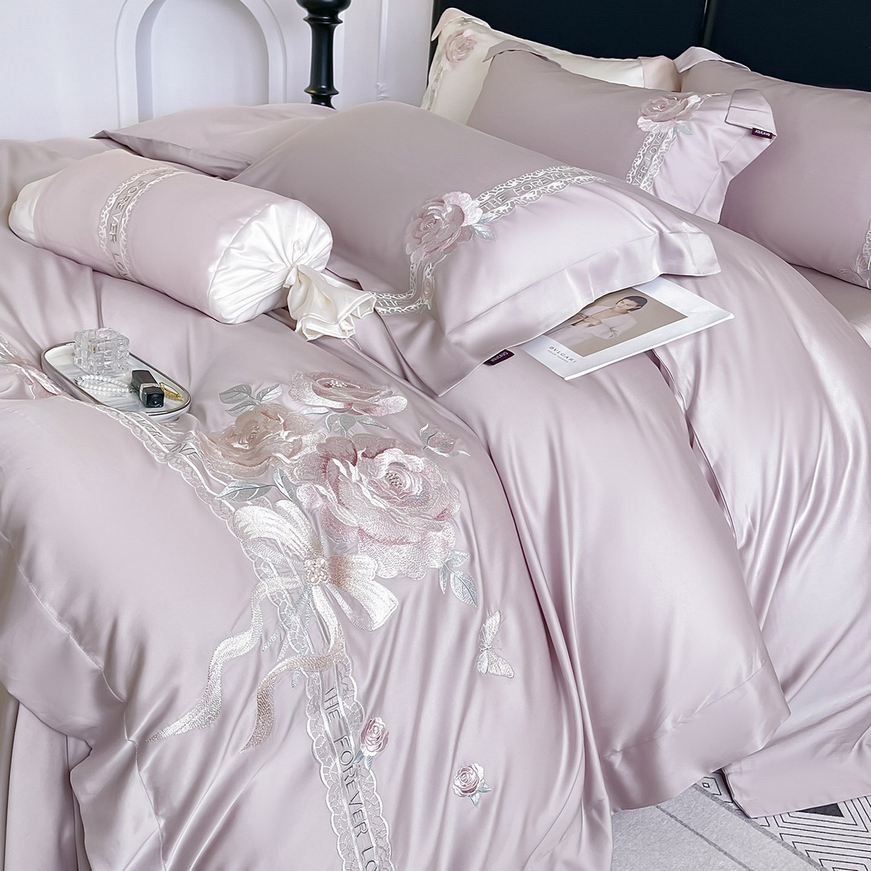 91家纺网 家纺一手货源 找家纺  2026春夏新款轻奢纯色A类长绒棉纯棉全棉重工刺绣被套床单四件套床上用品云栀 云栀-黛紫