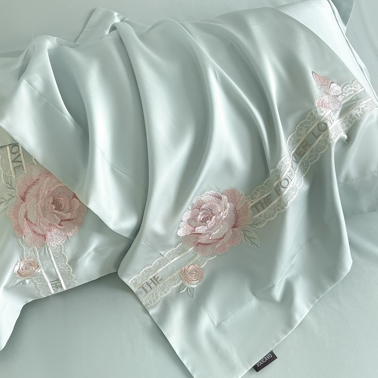 91家纺网 家纺一手货源 找家纺  2026春夏新款轻奢纯色A类长绒棉纯棉全棉重工刺绣被套床单四件套床上用品云栀 云栀-茶绿