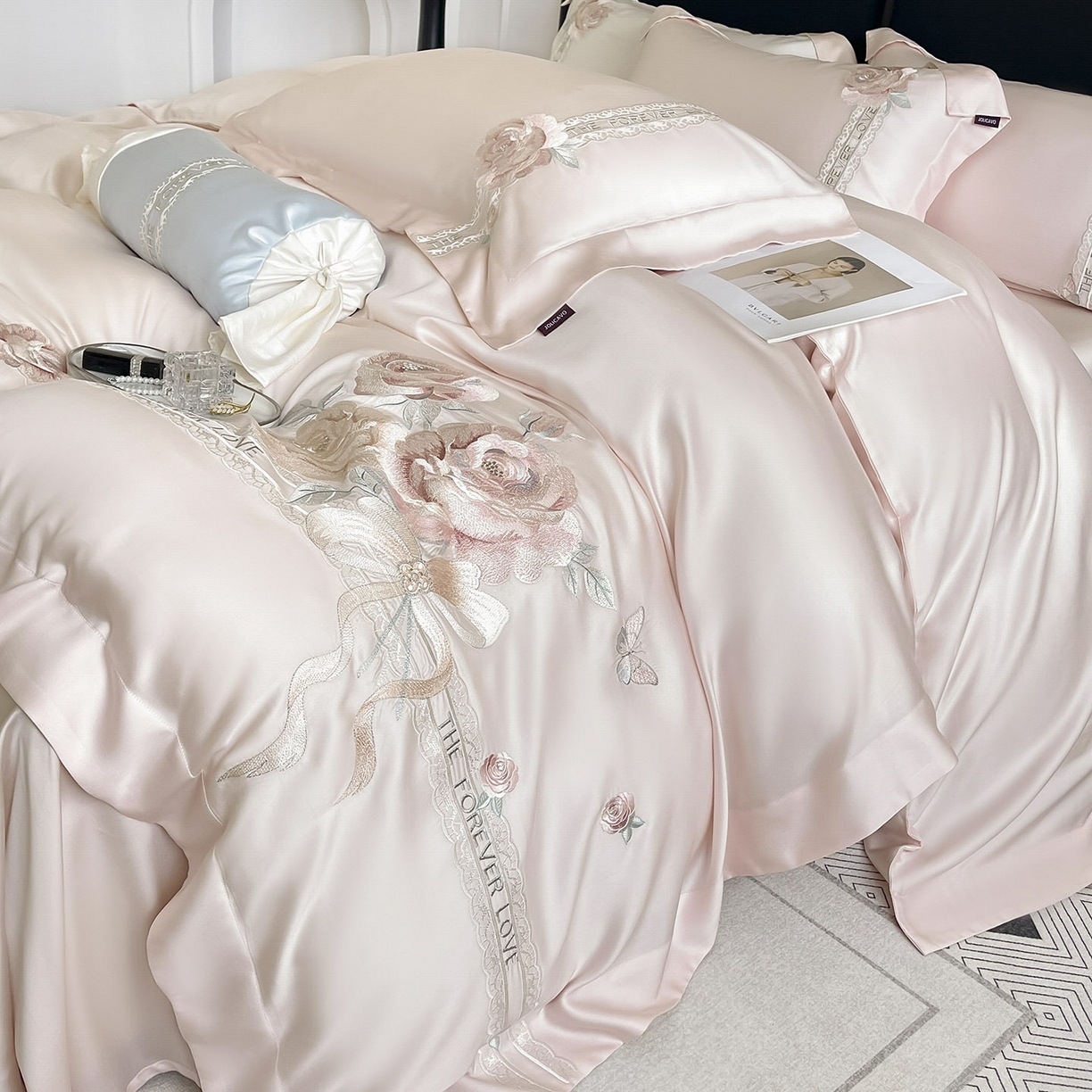 91家纺网 家纺一手货源 找家纺  2026春夏新款轻奢纯色A类长绒棉纯棉全棉重工刺绣被套床单四件套床上用品云栀 云栀-颜粉