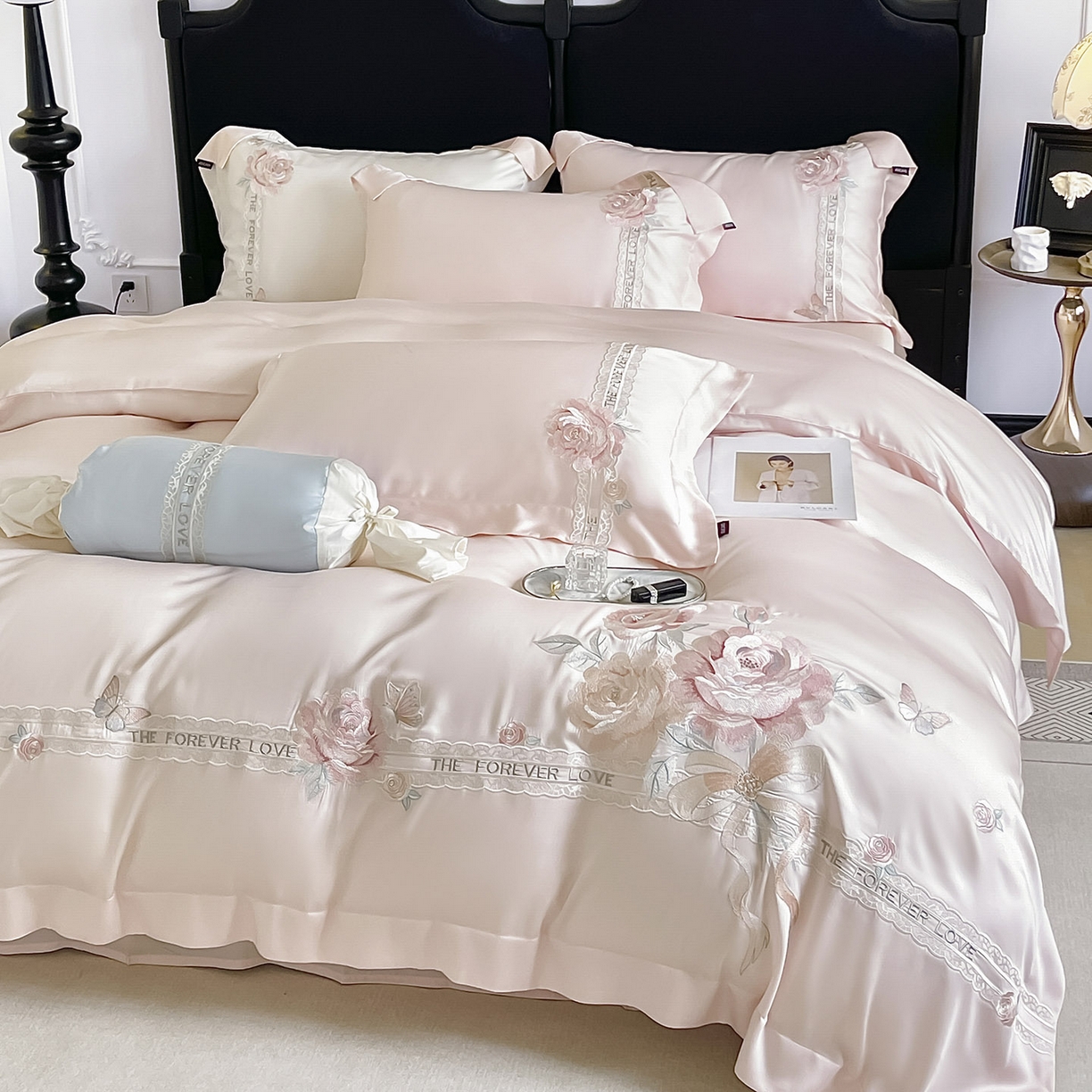 91家纺网 家纺一手货源 找家纺  2026春夏新款轻奢纯色A类长绒棉纯棉全棉重工刺绣被套床单四件套床上用品云栀 云栀-颜粉