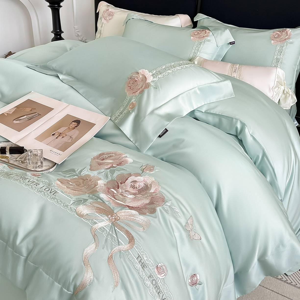 91家纺网 家纺一手货源 找家纺  2026春夏新款轻奢纯色A类长绒棉纯棉全棉重工刺绣被套床单四件套床上用品云栀 云栀-茶绿