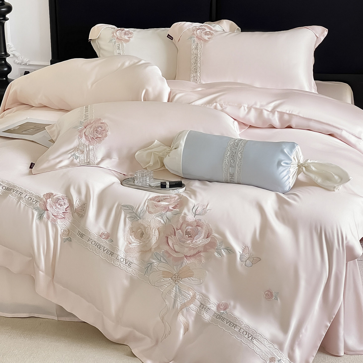 91家纺网 家纺一手货源 找家纺  2026春夏新款轻奢纯色A类长绒棉纯棉全棉重工刺绣被套床单四件套床上用品云栀 云栀-颜粉