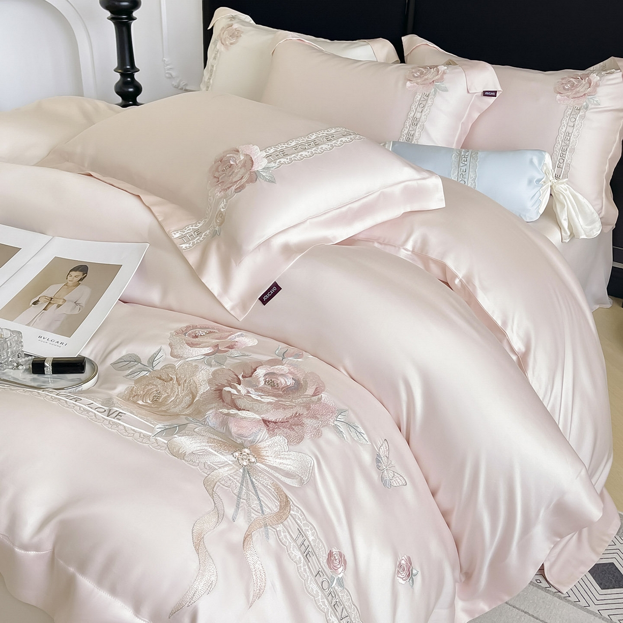 91家纺网 家纺一手货源 找家纺  2026春夏新款轻奢纯色A类长绒棉纯棉全棉重工刺绣被套床单四件套床上用品云栀 云栀-颜粉