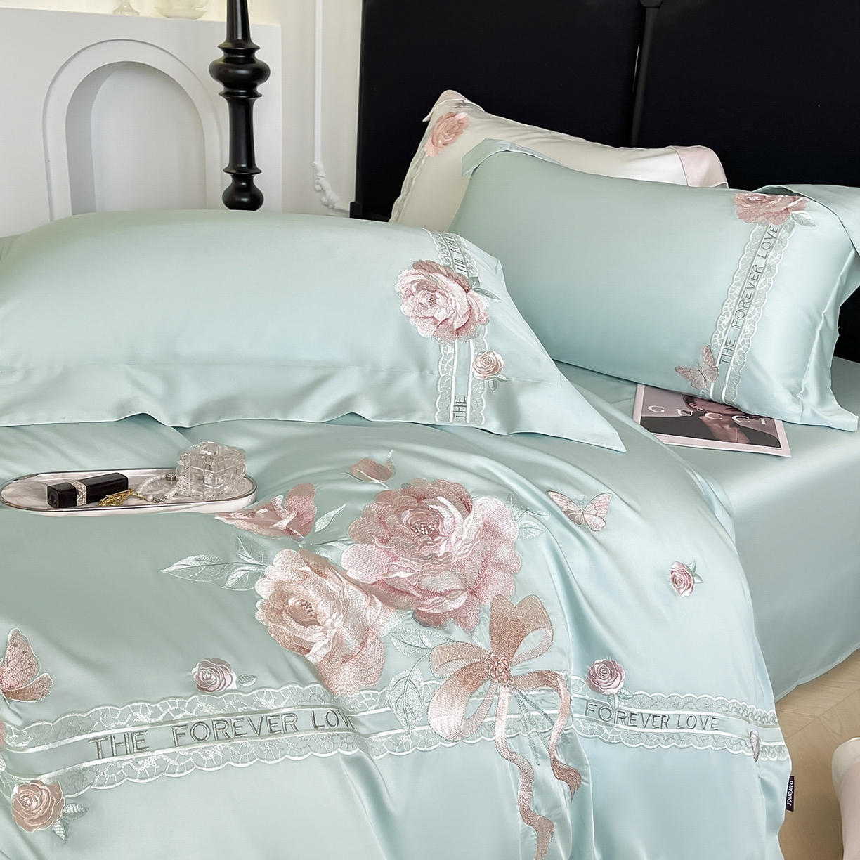 91家纺网 家纺一手货源 找家纺  2026春夏新款轻奢纯色A类长绒棉纯棉全棉重工刺绣被套床单四件套床上用品云栀 云栀-茶绿