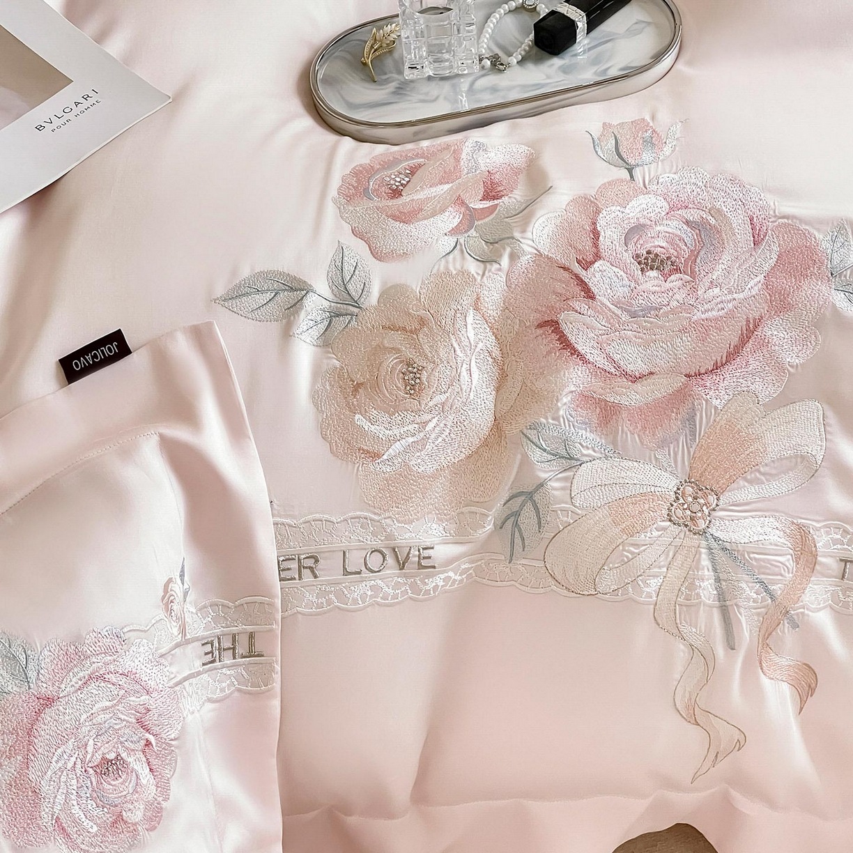 91家纺网 家纺一手货源 找家纺  2026春夏新款轻奢纯色A类长绒棉纯棉全棉重工刺绣被套床单四件套床上用品云栀 云栀-颜粉